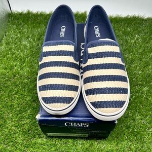 Chaps Women’s Jessica Blue/White Awning Strip Slip On Shoes Size 10